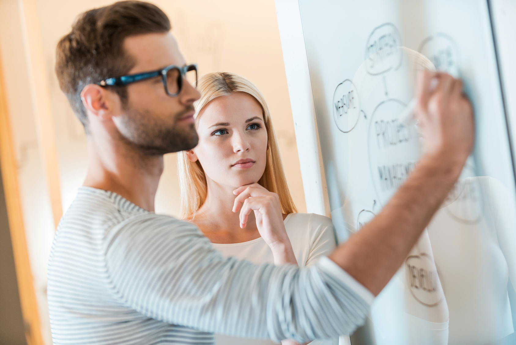 man and woman writing on whiteboard